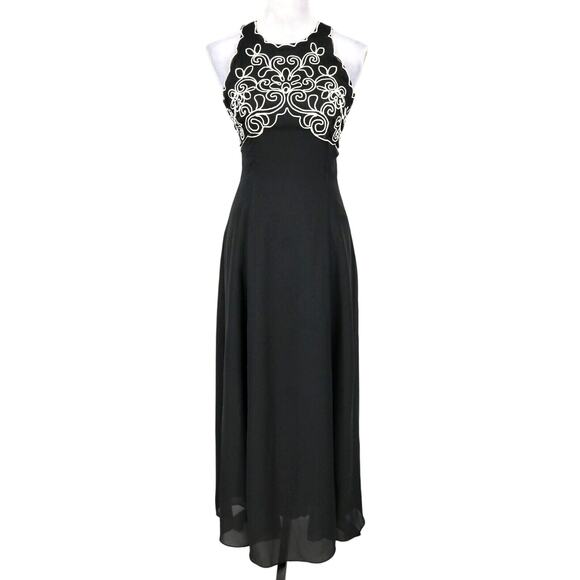 Jessica McClintock Gunne Sax Gown Womens 5 6 Dress Black White Applique Vintage - Picture 1 of 13